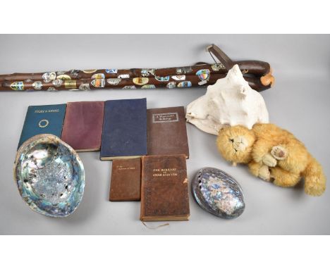 Two Walking Sticks with Souvenir Badges Together with Various Vintage Books, Seashells and Soft Toy 