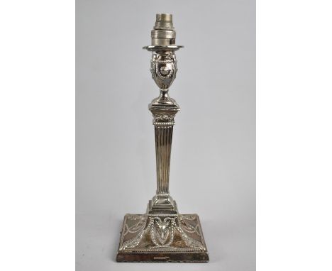 A Nice Quality Walker and Hall Silver Plated Candlestick, Now Converted to Table Lamp, Square Base with Rams Head Decoration,