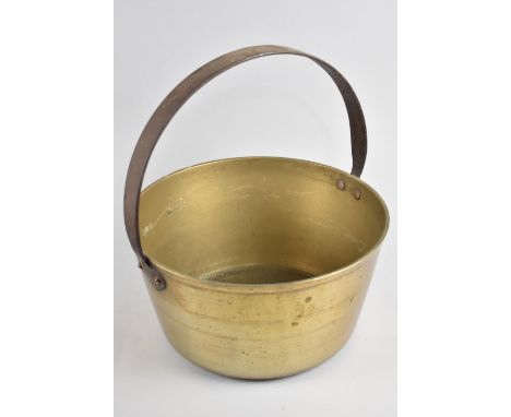 A Large Vintage Brass Jam Kettle with Iron Loop Handle, 30cm Diameter 