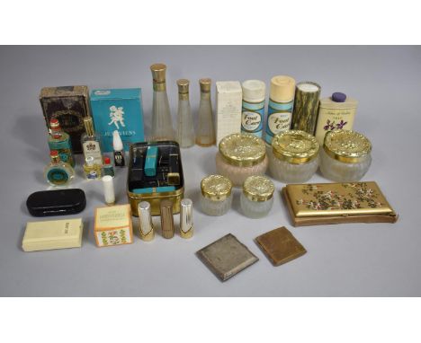 A Collection of Vintage Ladies Perfumes, Aftershave Lotion, Lipstick, Cigarette Case, Dressing Table Pots, Powder Compacts et