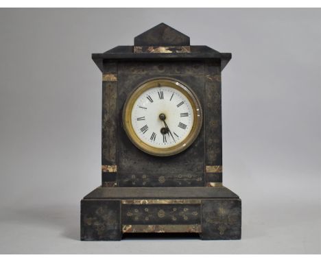 A Late 19th Century French Black Slate and Marble Mantle Clock of Architectural Form, 24cm wide and 34cm high 