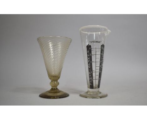 A Late 19th/Early 20th Century Hand Blown Ale Glass with Wrythen Bowl, 13cm High Together with a Primus Measuring Flask 