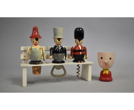 A Vintage Novelty Painted Wooden Bar Set Comprising Wine Saver Cork, Bottle Opener and Corkscrew Together with a Similar Nove
