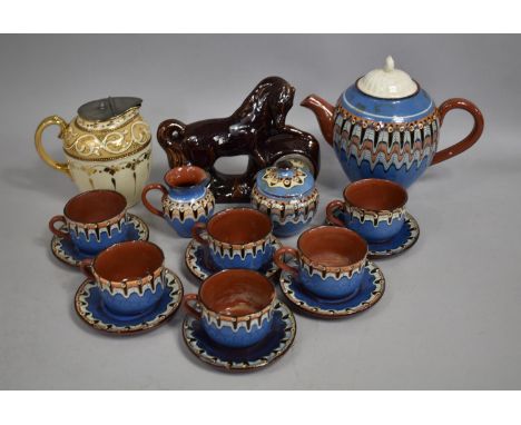 A Glazed Slipware Type Tea Set to Comprise Tea Pot, Six Cups, Saucers, Lidded Sugar and a Jug Together with a Glazed Pewter L