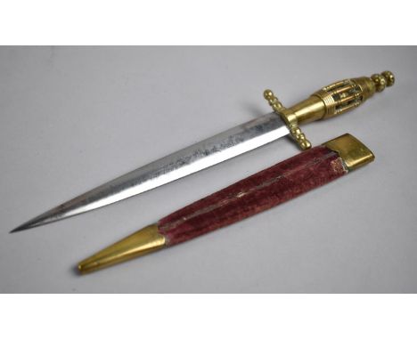 An Indian Dagger with Brass Caged Ball Handle, Complete with Brass Mounted Velvet Covered Scabbard, 27cm Long, Pierced Pommel