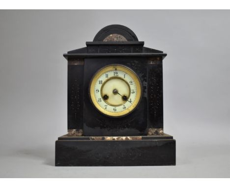 A Late 19th Century French Black Slate and Marble Mantle Clock of Architectural Form, 26cm wide and 32cm high 
