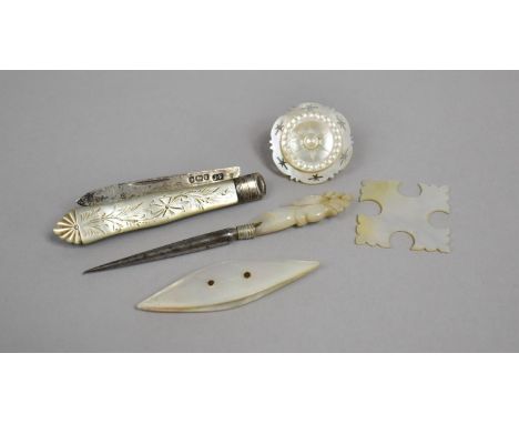 A Mother of Pearl Handled Silver Bladed Fruit Knife Together with Manicure Tools and Disks 
