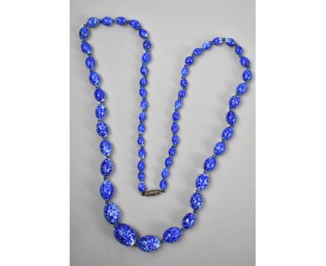A Vintage Blue and White Glass Necklace Having Graduated Oval Beads in the Venetian Style, 72cm Long 