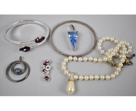 An Amethyst Mounted Bangle, Silver Bangle, Silver Triangular Aquamarine Pendant, Faux Pearls and a Silver Circular Pendant wi