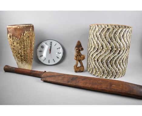 A Vintage African Drum, Vintage Cricket Bat, Metamec Circular Wall Clock and a Lamp Shade 