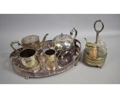 A Collection of Silver Plated Items to Comprise Large Galleried Two Handled Tray, Teapot, Four Piece Cruet etc 