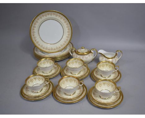 An Aynsley Gold Dowery Service to Comprise Six Large Plates, Six Side Plates, Six Saucers, Six Cups, Milk Jug and a Lidded Tw