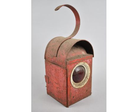 A Vintage Red Painted Four Glass Road Lamp with Original Burner, 38cm high 