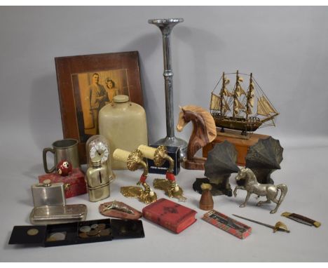 A Collection of Sundries to Include Tall Ship Model, Chromed Smokers Stand, Hip Flask, Horse Ornament etc 