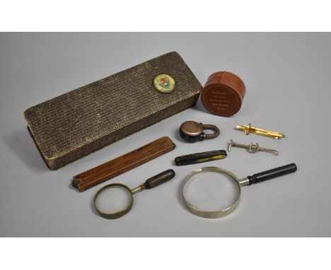 A Vintage Souvenir Box for Rhyl Containing Magnifying Glass, Leather Stud Box, Folding Ruler, Tie Pins, Vintage Pen Knife etc