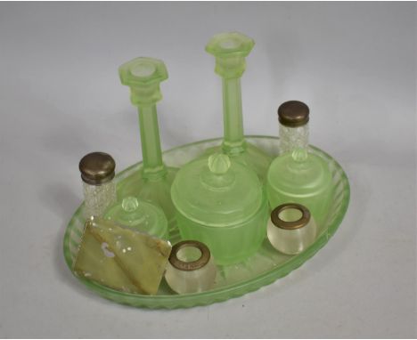 A Vintage Part Green Glass Dressing Table Set Together with Unrelated Pots and a Enamelled Powder Compact (AF) 