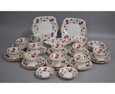 A Foley China Gilt and Pink Floral Decorated Tea Set to Comprise Nine Cups, Eleven Saucers, Eleven Side Plates, Two Cake Plat