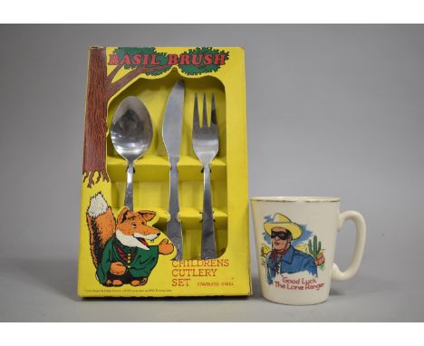 A Vintage Child's Lone Ranger Mug Together with Basil Brush Children's Cutlery Set 