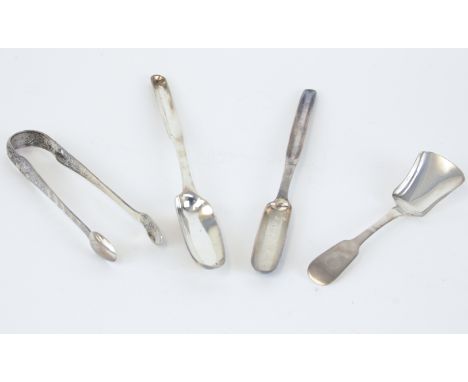 Two Georgian silver double-ended bone marrow scoops, an Irish silver caddy spoon and a Victorian Irish silver pair of sugar t