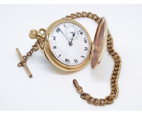 A gold plated full hunter pocket watch by Ludington, USA, with keyless movement and guard chain.