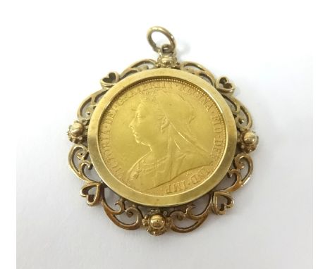 A Victoria 1893 gold sovereign set in a 9ct decorative pendant, marked 'WJP'.