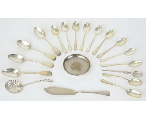 An assortment of silver including various teaspoons, butter knife, caddy spoon dish etc, approx 10.75oz.