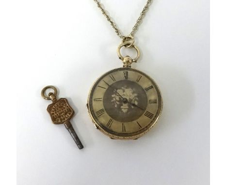 An 18ct gold pocket watch on 9ct gold chain, with key.