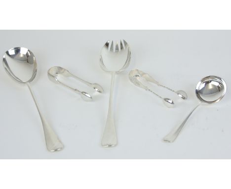 A pair of silver servers with rat tail bowls, two pairs of sugar tongs and a caddy spoon with inscription, approx 9.80oz.