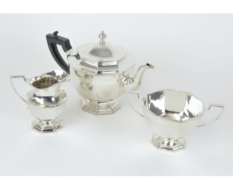 A three piece Geo V silver tea service marked 'Page Keen &amp; Page Plymouth', approx 42.50oz.