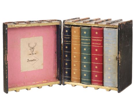 Book Box. A decorative book box containing a mixed set of dictionaries and grammars etc., early 19th century, morocco covered