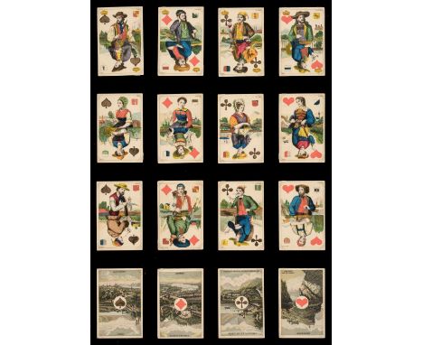 * German playing cards. Swiss Canton Costumes, unknown maker, circa 1860, a complete deck of 52 stencil coloured engraved pla