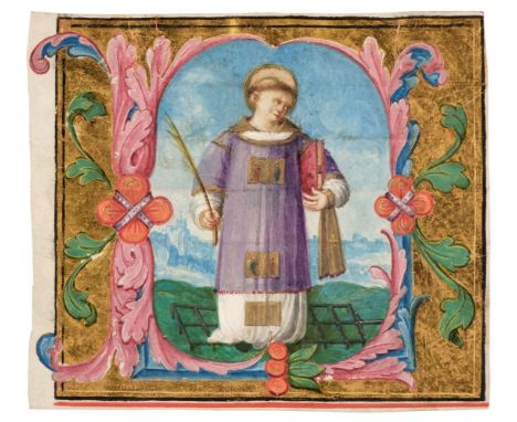 * Illuminated miniature. An illuminated initial fragment with miniature of Saint Lawrence martyr, possibly from the workshop 