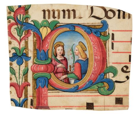 * Illuminated miniature. An illuminated initial fragment with miniature of Saint Liberata and Saint Faustina martyrs, possibl