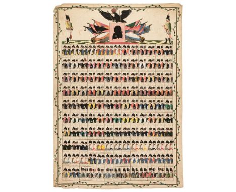 * Prussia. Military Uniforms, circa 1790, large watercolour broadside on laid, surmounted by a silhouette portrait of Friedri