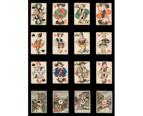 * German playing cards. Swiss Canton Costumes, Berlin?, unknown maker, circa 1870, a complete deck of 52 stencil and hand col