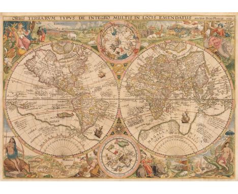 World. Plancius (Petrus). Orbis Terrarum Typus de Integro Multis in Locis Emendatus..., 1594, hand-coloured map of the world 