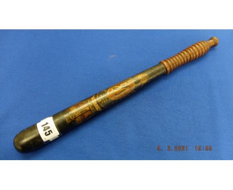 A Victorian truncheon; Crown, Leith Police, VR, 36cm ribbed handle with button end