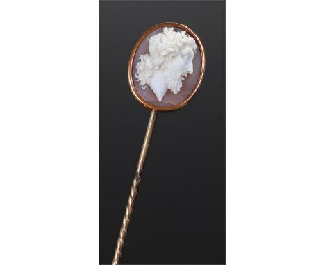 Victorian cameo stick pin, the cameo carved as a classical bust in profile, housed within a leather clad case, the head 15mm 