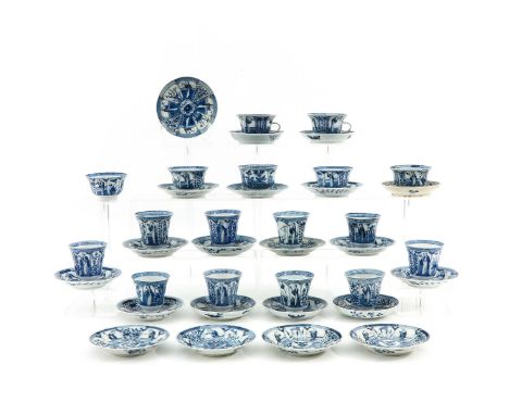 Blue and white decor depicting alternating scenes of Chinese lady and flowers, including Kangxi mark, saucers are 13 cm. in d