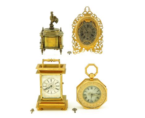 consisting of an 8-sided travel watch, ca. 1860, an alarm clock with a rooster on top, France, clock signed B. Berghuys in De
