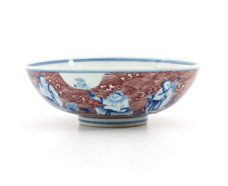 Decorated with the 8 Immortals, Kangxi mark, 22 cm. in diameter, restoration on edge.
