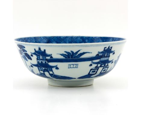 Depicting pagodas in landscape, Kangxi mark, 23 cm. in diameter, fritting on edge.