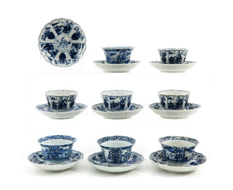 Including 8 cups and 9 saucers, saucers are 13 cm. in diameter, including Kangxi mark, chip and hairline.