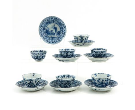 In diverse blue and white decors, saucers are 13 cm. in diameter, chip and hairline.