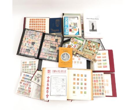 Including 13 albums along with diverse loose stamps.  Also including books associated with stamp collecting.