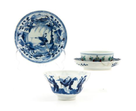 Including 2 cups and 2 saucers in blue and white and doucai decors, largest saucer is 11 cm. in diameter, including restorati