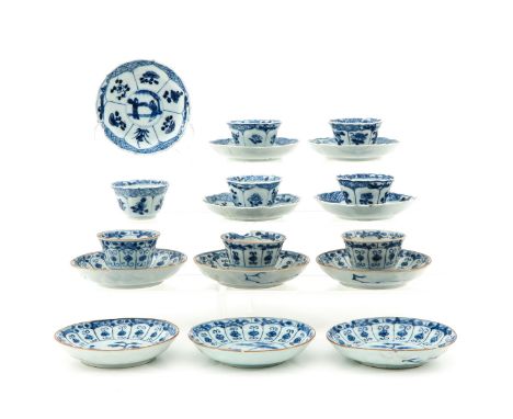 Blue and white decor including 11 saucers and 8 cups, largest saucers are 11 cm. in diameter, in diverse conditions.