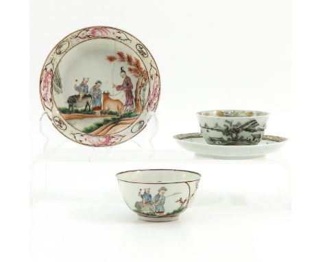Including Chine de Commande and Famille Rose mandarin decor, depicting landscapes and Chinese figures in garden, saucers are 