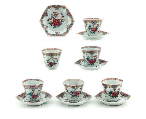 Famille Rose decor, saucers are 13 cm. in diameter, in diverse conditions.