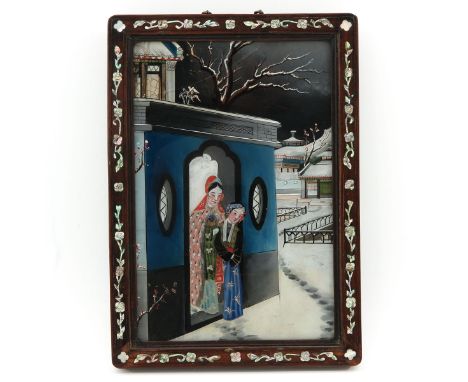 Depicting Chinese ladies standing in doorway, snowscape background, frame with Mother of Pearl inlay, 38 x 27 cm., glass is b